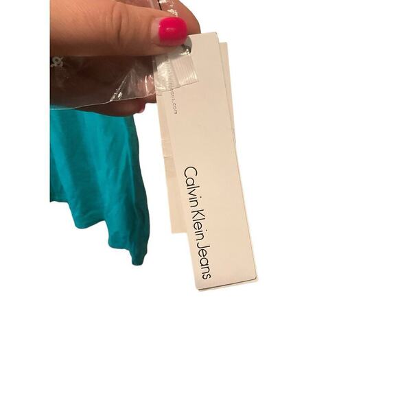 Calvin Klein Sequin Top Women's Medium Teal Cotton V-Neck Short Sleeve Pullover - Picture 4 of 4